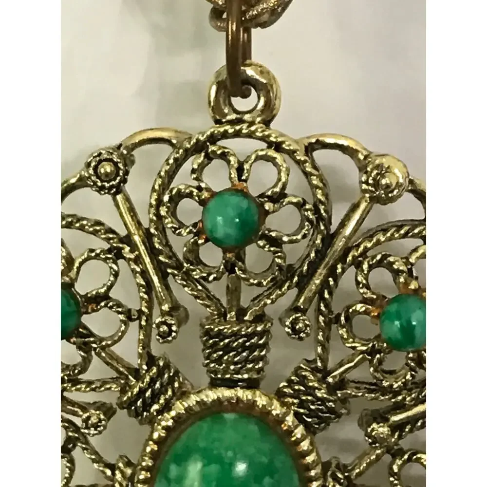 Vintage Western Germany Gold Tone Filigree Medallion Necklace Green Stones
